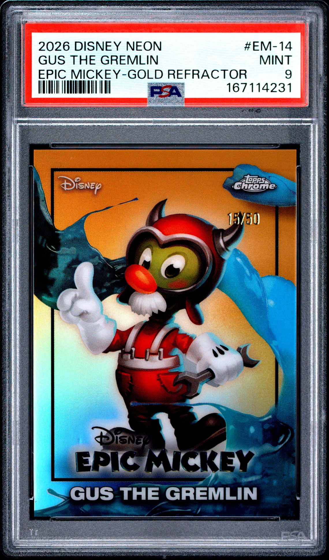 2026 Topps Disney Neon Epic Mickey Gus The Gremlin #Em-14 (Epic Mickey-Gold Refractor) Mint 9 front