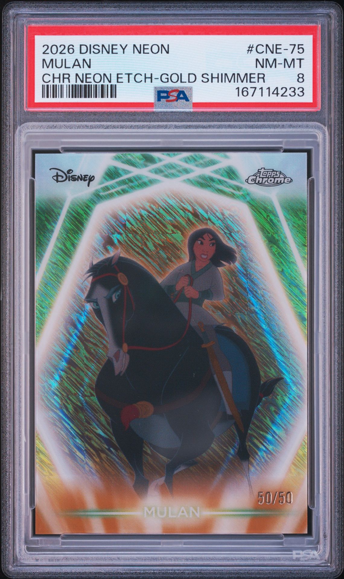 2026 Topps Disney Neon Chrome Neon Etch Mulan #Cne-75 (Chr Neon Etch-Gold Shimmer) Nm-Mt 8 front