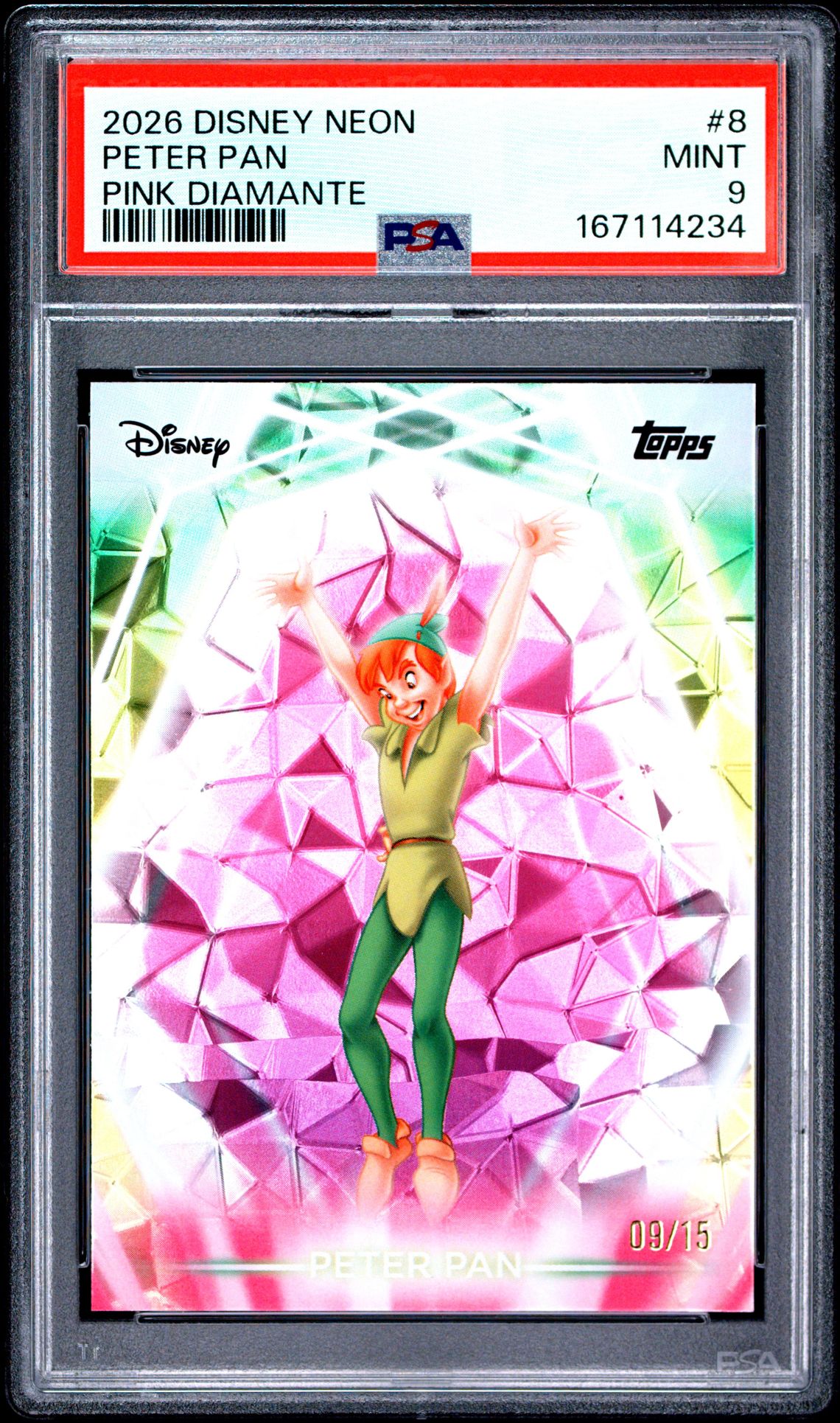 2026 Topps Disney Neon Peter Pan #8 (Pink Diamante) Mint 9 front