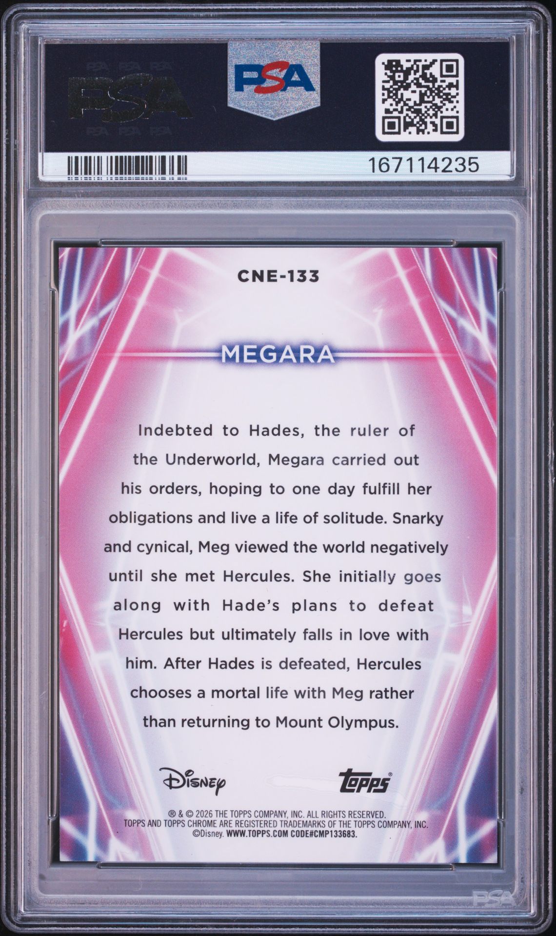 2026 Topps Disney Neon Chrome Neon Etch Megara #Cne-133 (Chr Neon Etch-Gold Shimmer) Gem Mt 10 back view - PSA certificate #167114235