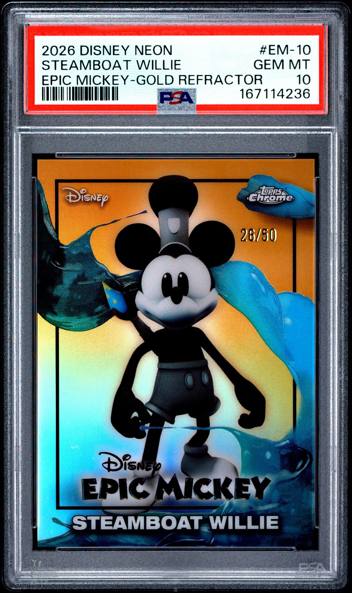 2026 Topps Disney Neon Epic Mickey Steamboat Willie #Em-10 (Epic Mickey-Gold Refractor) Gem Mt 10 front view - PSA graded GEM MT 10