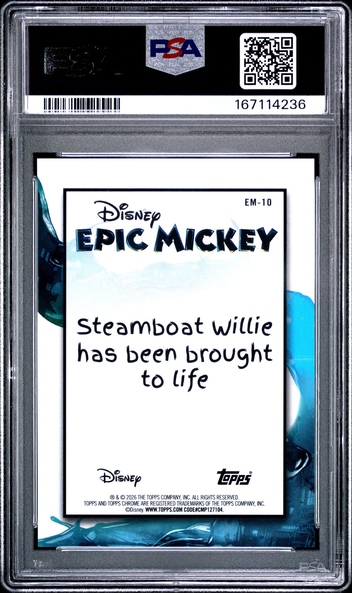 2026 Topps Disney Neon Epic Mickey Steamboat Willie #Em-10 (Epic Mickey-Gold Refractor) Gem Mt 10 back view - PSA certificate #167114236