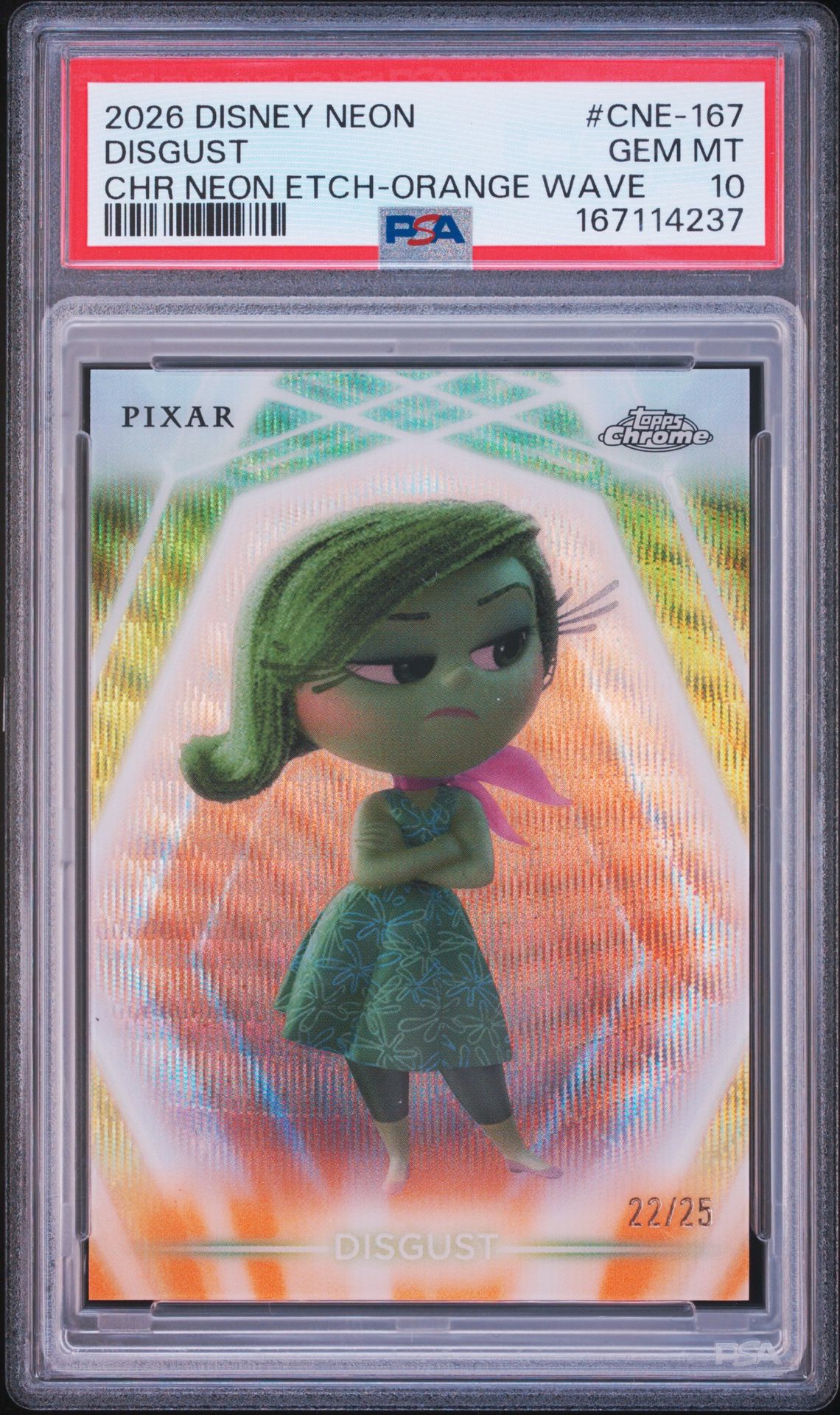 2026 Topps Disney Neon Chrome Neon Etch Disgust #Cne-167 (Chr Neon Etch-Orange Wave) Gem Mt 10 front view - PSA graded GEM MT 10