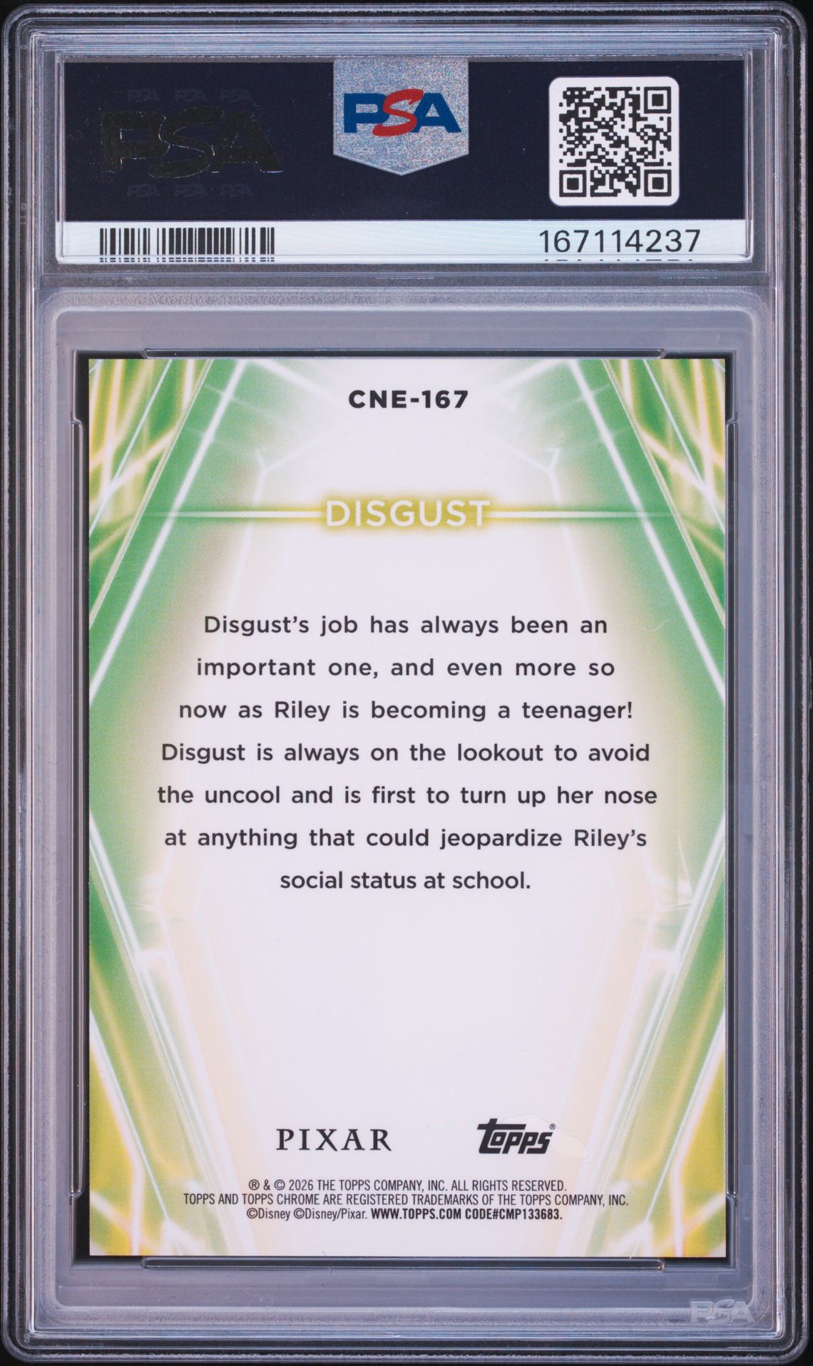 2026 Topps Disney Neon Chrome Neon Etch Disgust #Cne-167 (Chr Neon Etch-Orange Wave) Gem Mt 10 back view - PSA certificate #167114237