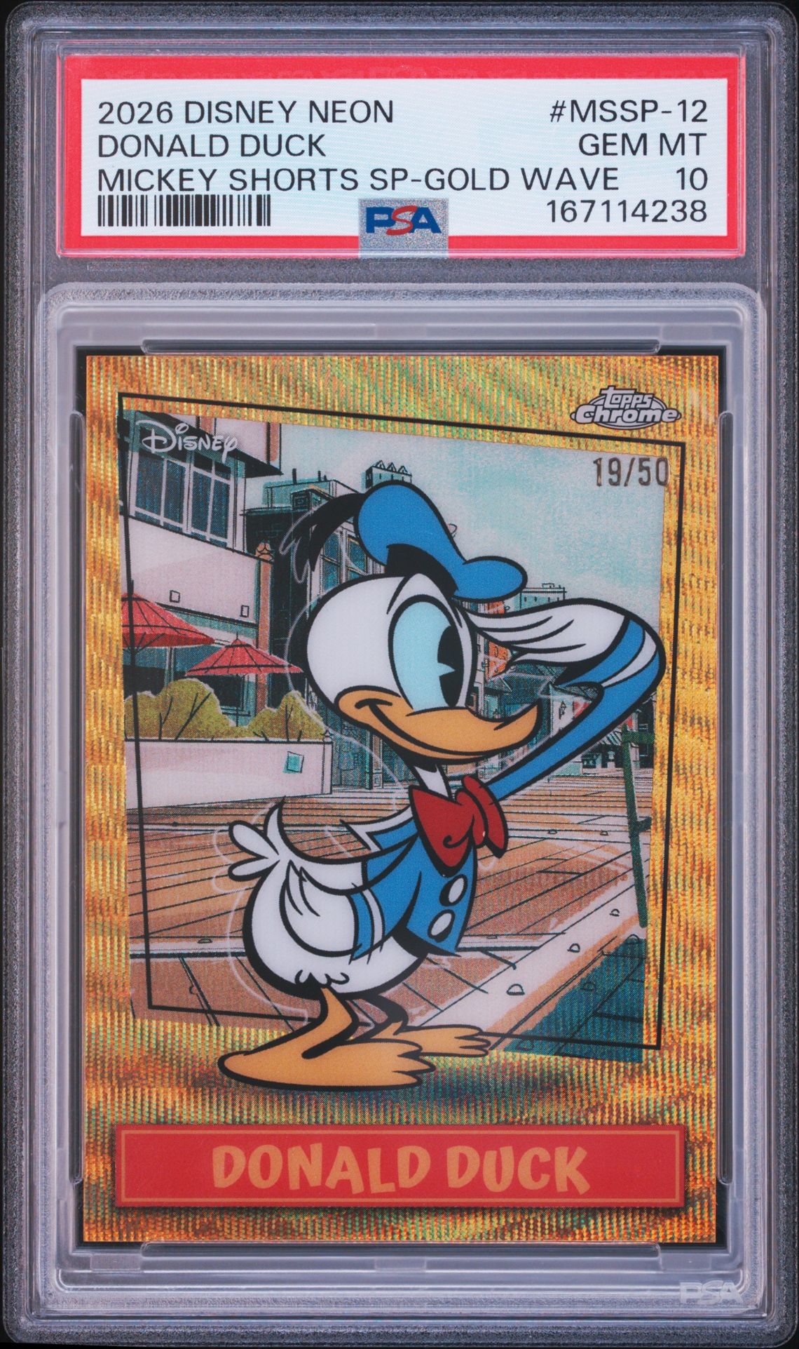 2026 TOPPS DISNEY NEON MICKEY SHORTS SHORT PRINTS DONALD DUCK MICKEY SHORTS SP-GOLD WAVE MSSP-12 GEM MT 10 front