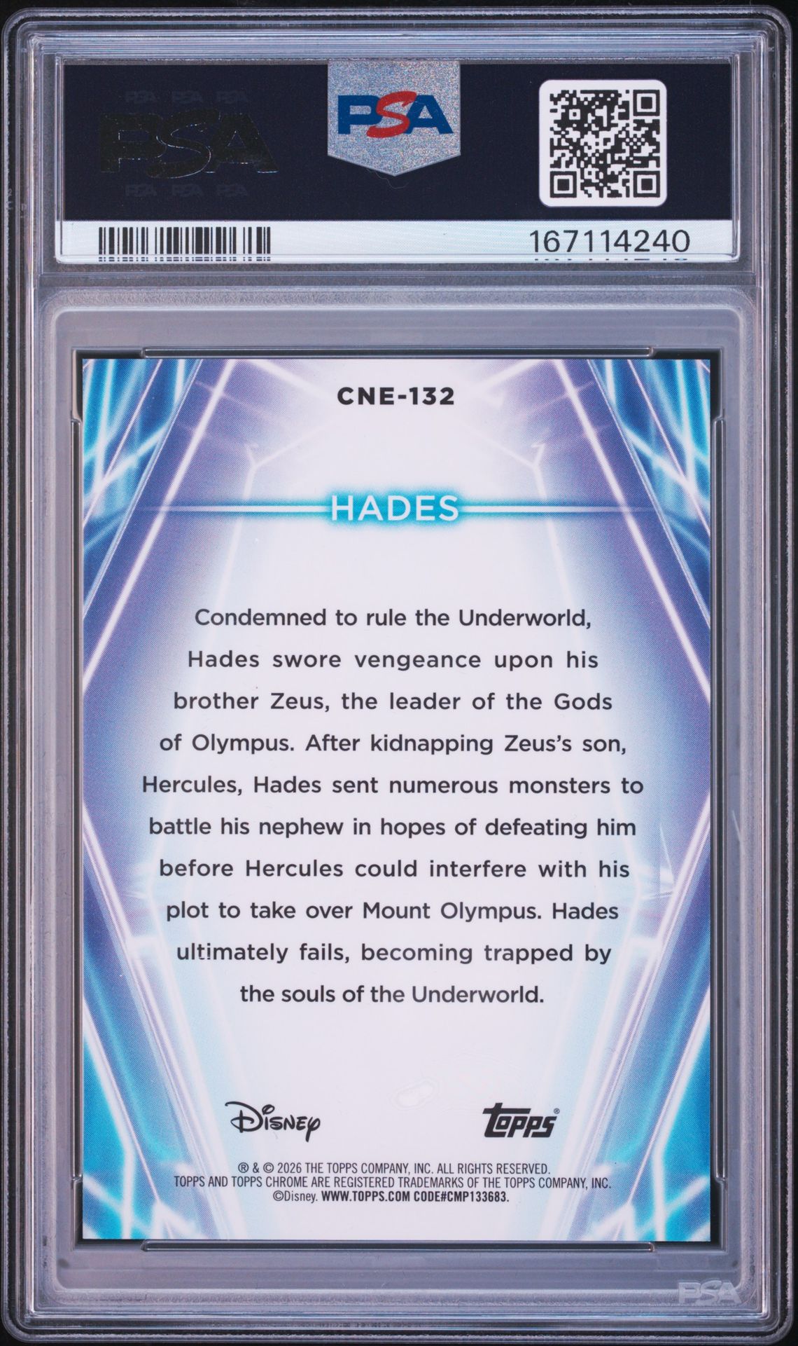 2026 Topps Disney Neon Chrome Neon Etch Hades #Cne-132 (Chr Neon Etch-Black Speckle) Gem Mt 10 back view - PSA certificate #167114240