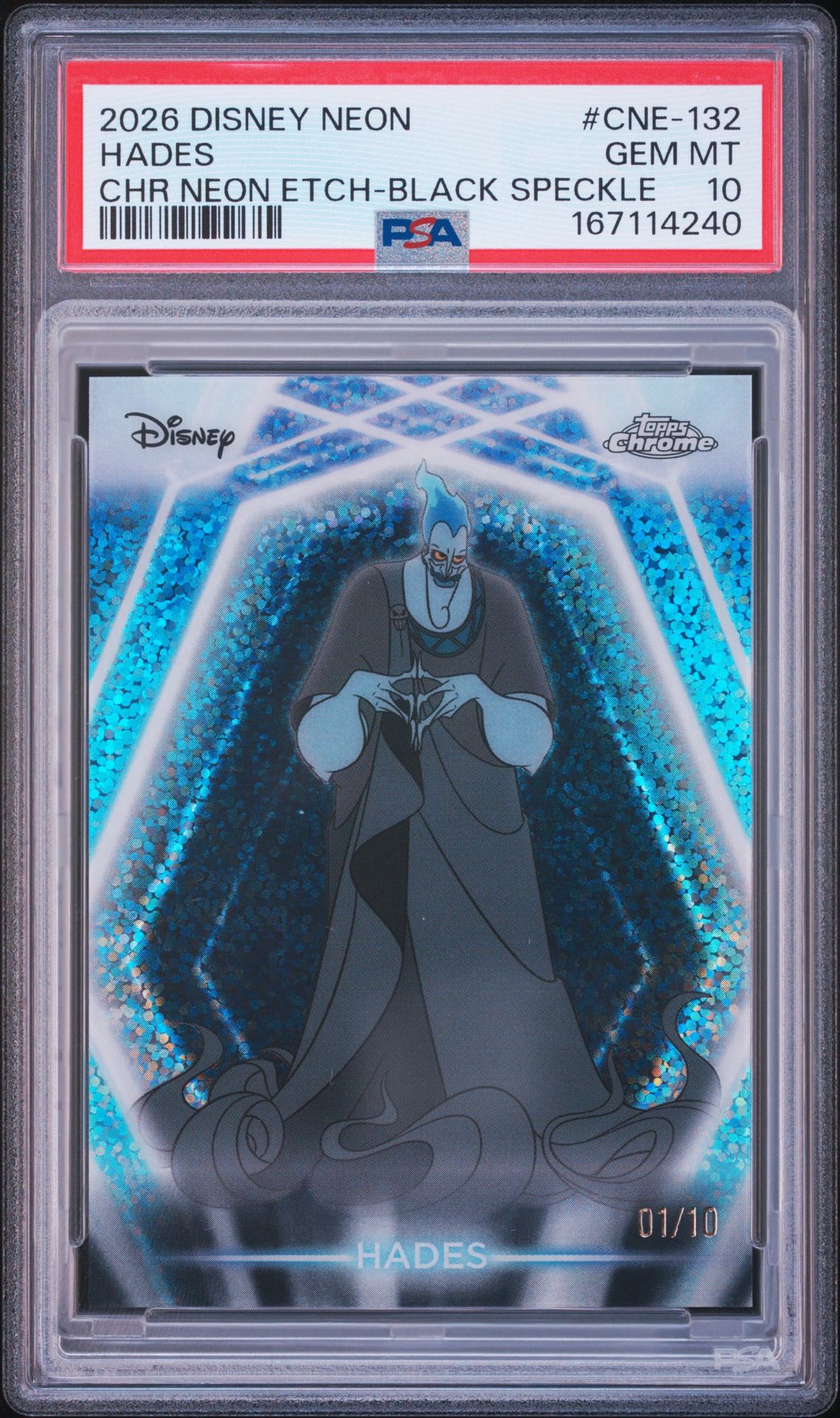 2026 Topps Disney Neon Chrome Neon Etch Hades #Cne-132 (Chr Neon Etch-Black Speckle) Gem Mt 10 front view - PSA graded GEM MT 10