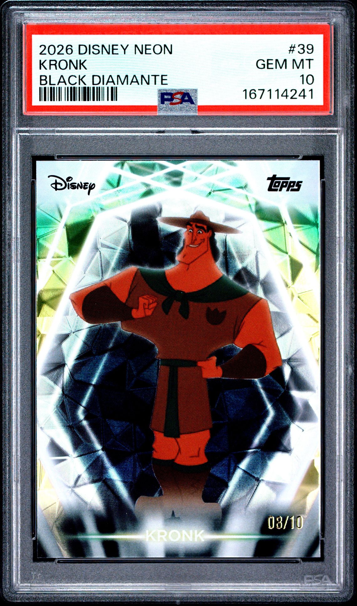 2026 Topps Disney Neon Kronk #39 (Black Diamante) Gem Mt 10 front view - PSA graded GEM MT 10