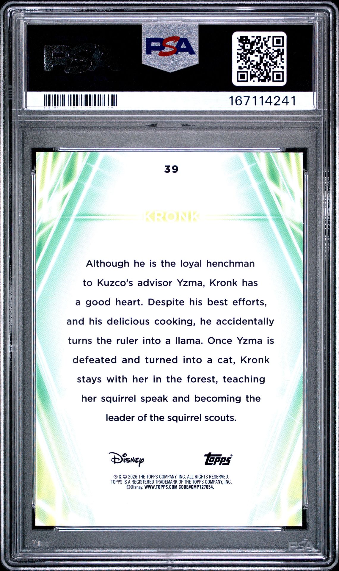 2026 Topps Disney Neon Kronk #39 (Black Diamante) Gem Mt 10 back view - PSA certificate #167114241