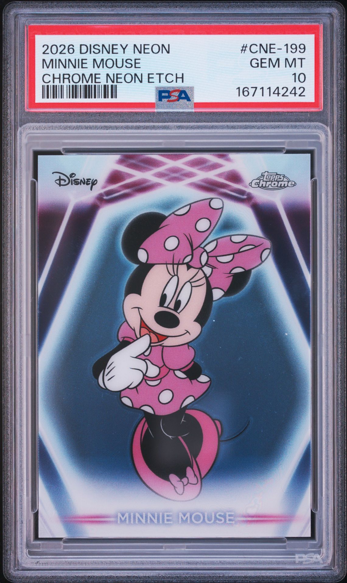 2026 Topps Disney Neon Chrome Neon Etch Minnie Mouse #Cne-199 Gem Mt 10 front