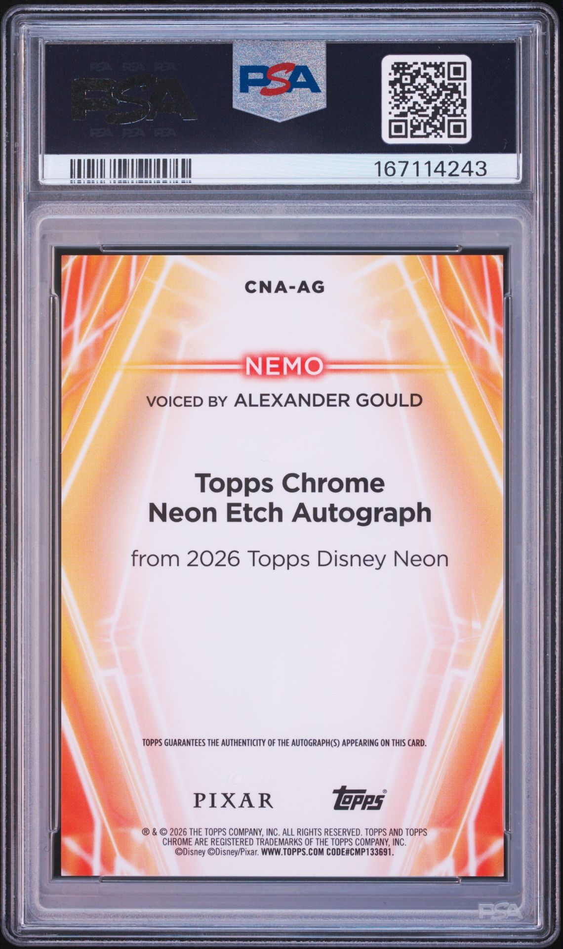 2026 Topps Disney Neon Chrome Neon Etch Autographs Alexander Gould #Cna-Ag (Chr N Etch Au-Gold Shimmer) Gem Mt 10 back view - PSA certificate #167114243
