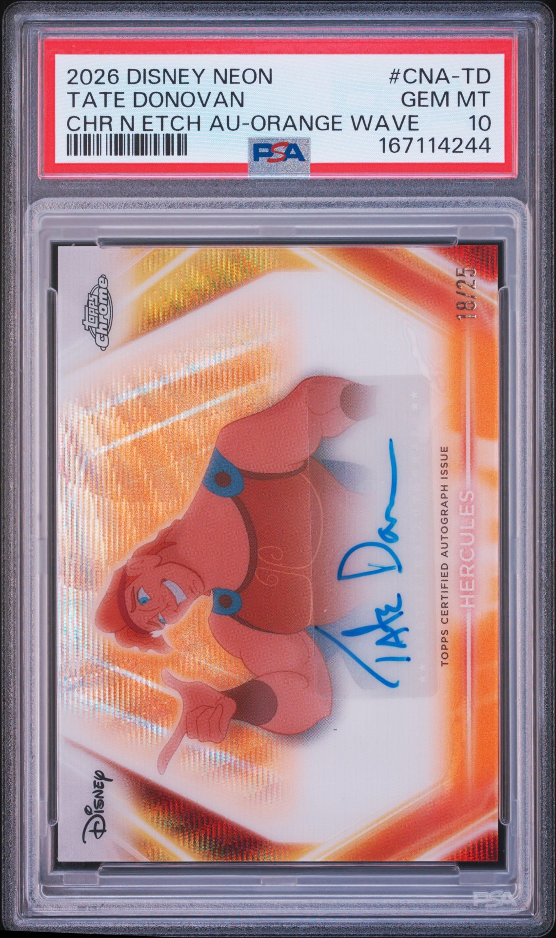 2026 Topps Disney Neon Chrome Neon Etch Autographs Tate Donovan #Cna-Td (Chr N Etch Au-Orange Wave) Gem Mt 10 front