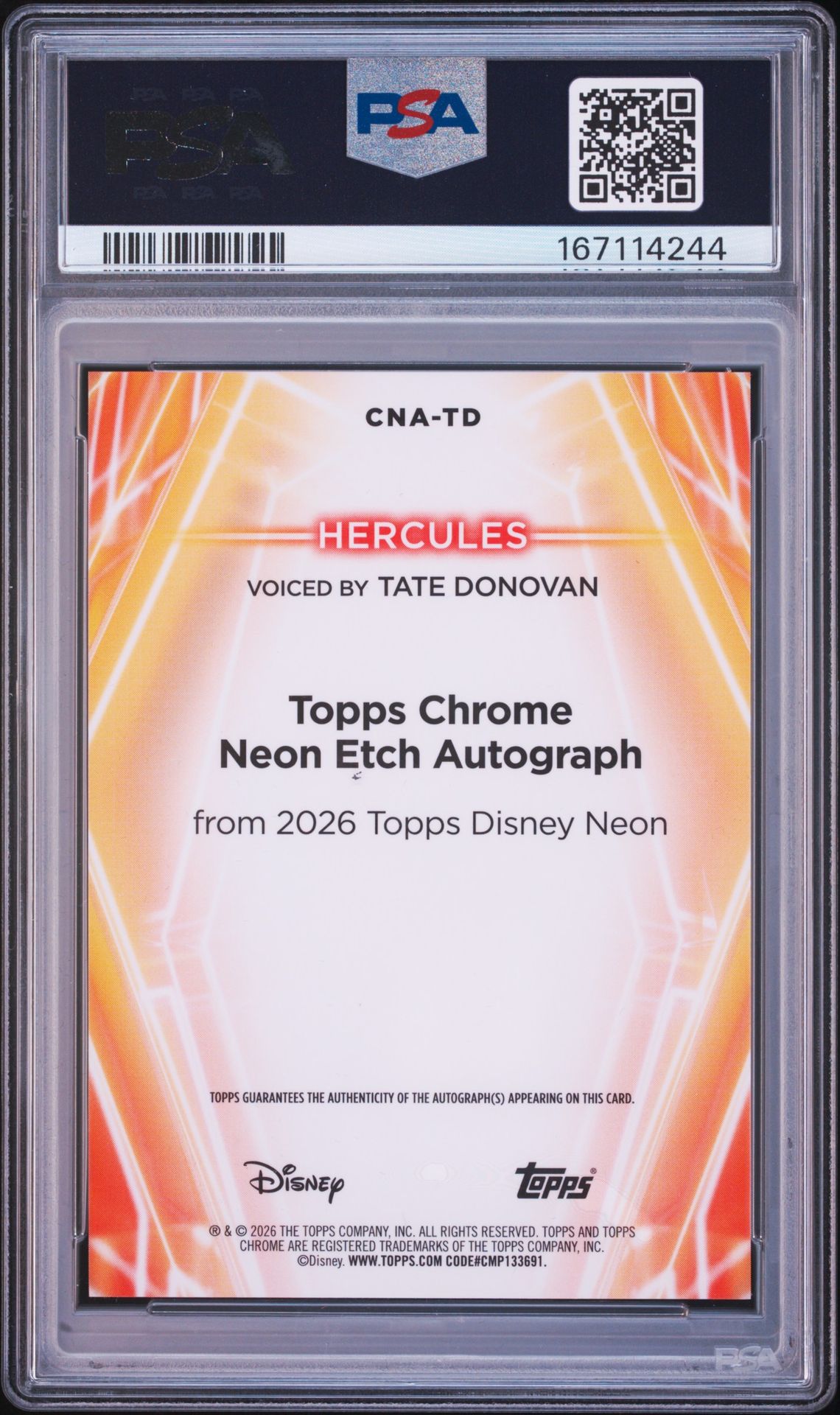 2026 Topps Disney Neon Chrome Neon Etch Autographs Tate Donovan #Cna-Td (Chr N Etch Au-Orange Wave) Gem Mt 10 back