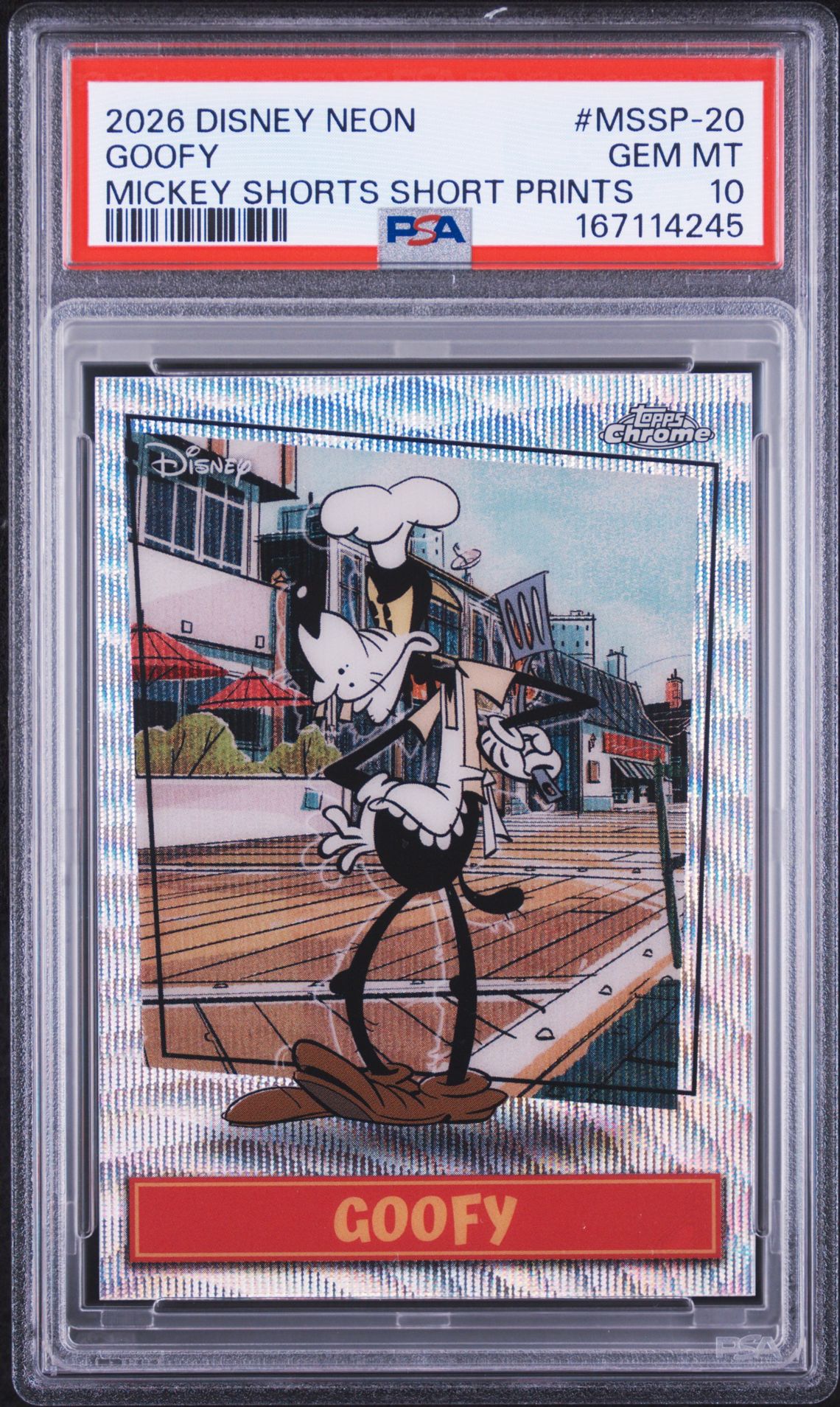2026 Topps Disney Neon Mickey Shorts Short Prints Goofy #Mssp-20 Gem Mt 10 front view - PSA graded GEM MT 10