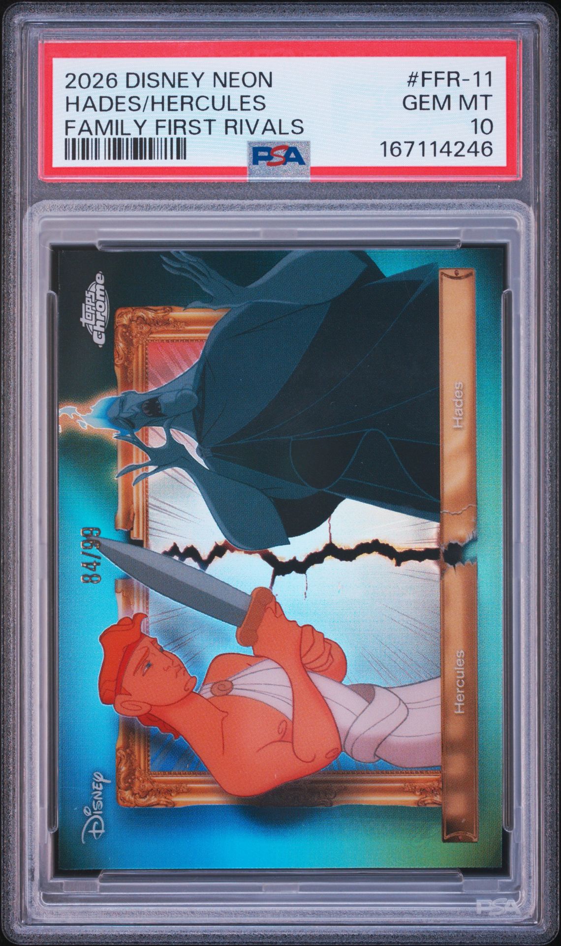 2026 TOPPS DISNEY NEON FAMILY FIRST RIVALS HADES/HERCULES  FFR-11 GEM MT 10 front
