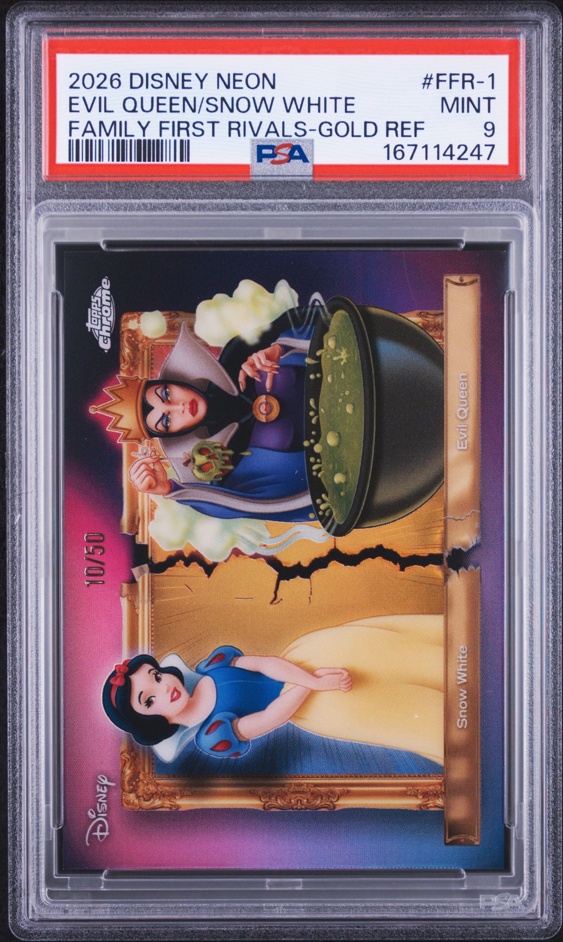 2026 Topps Disney Neon Family First Rivals Evil Queen/Snow White #Ffr-1 (Family First Rivals-Gold Ref) Mint 9 front