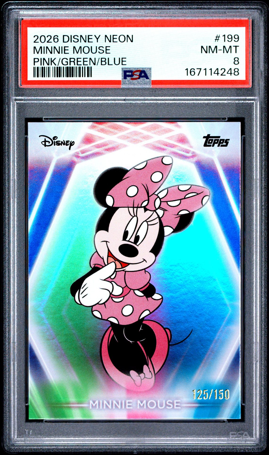 2026 Topps Disney Neon Minnie Mouse #199 (Pink/Green/Blue) Nm-Mt 8 front