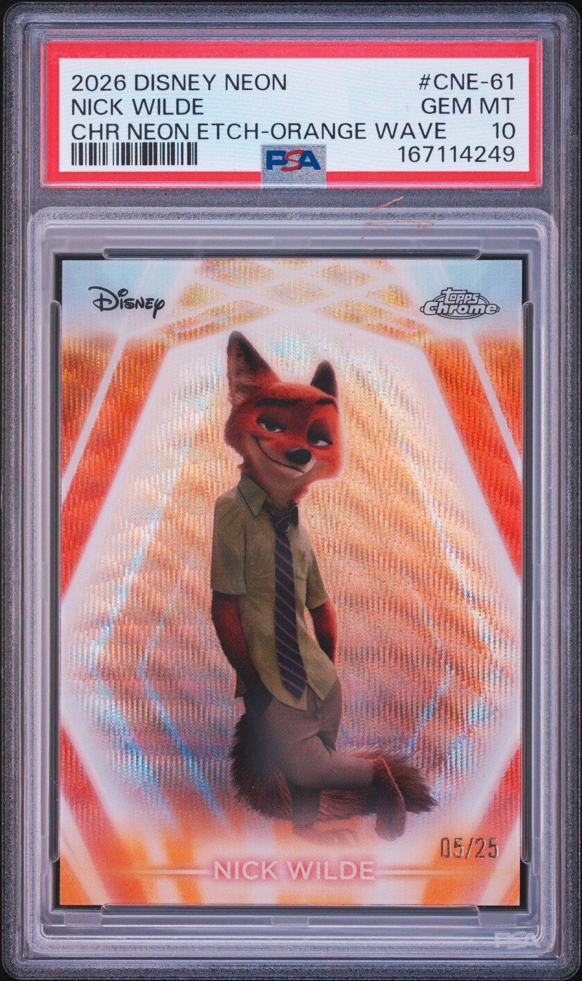 2026 Topps Disney Neon Chrome Neon Etch Nick Wilde #Cne-61 (Chr Neon Etch-Orange Wave) Gem Mt 10 front view - PSA graded GEM MT 10