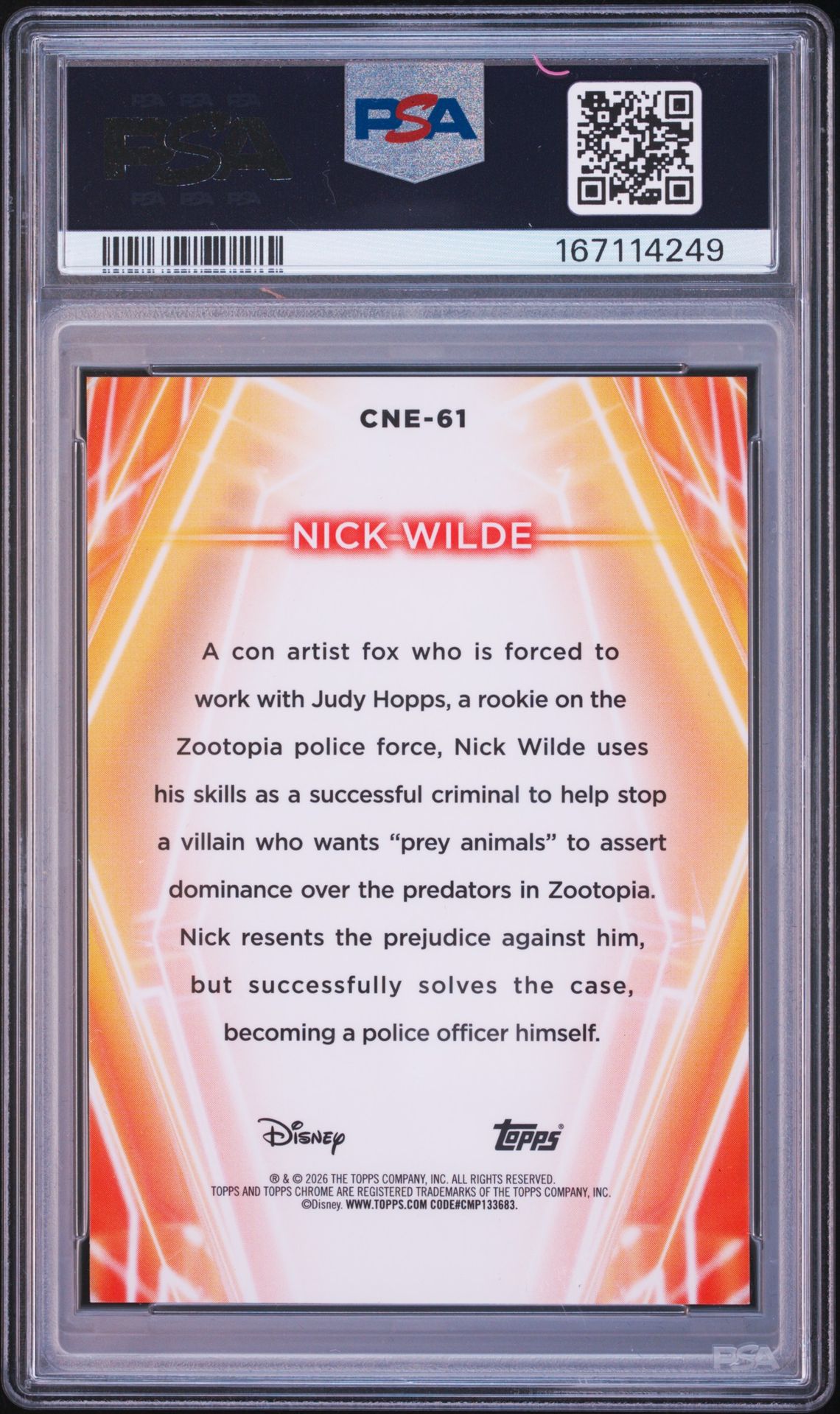 2026 Topps Disney Neon Chrome Neon Etch Nick Wilde #Cne-61 (Chr Neon Etch-Orange Wave) Gem Mt 10 back view - PSA certificate #167114249