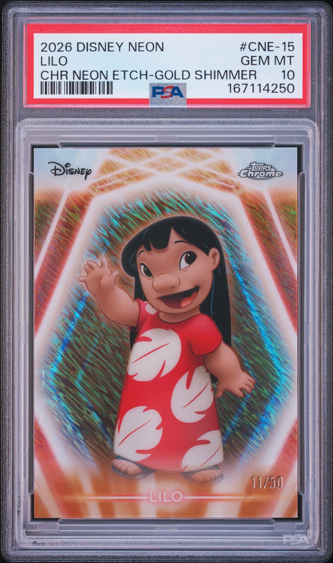 2026 Topps Disney Neon Chrome Neon Etch Lilo #Cne-15 (Chr Neon Etch-Gold Shimmer) Gem Mt 10 front