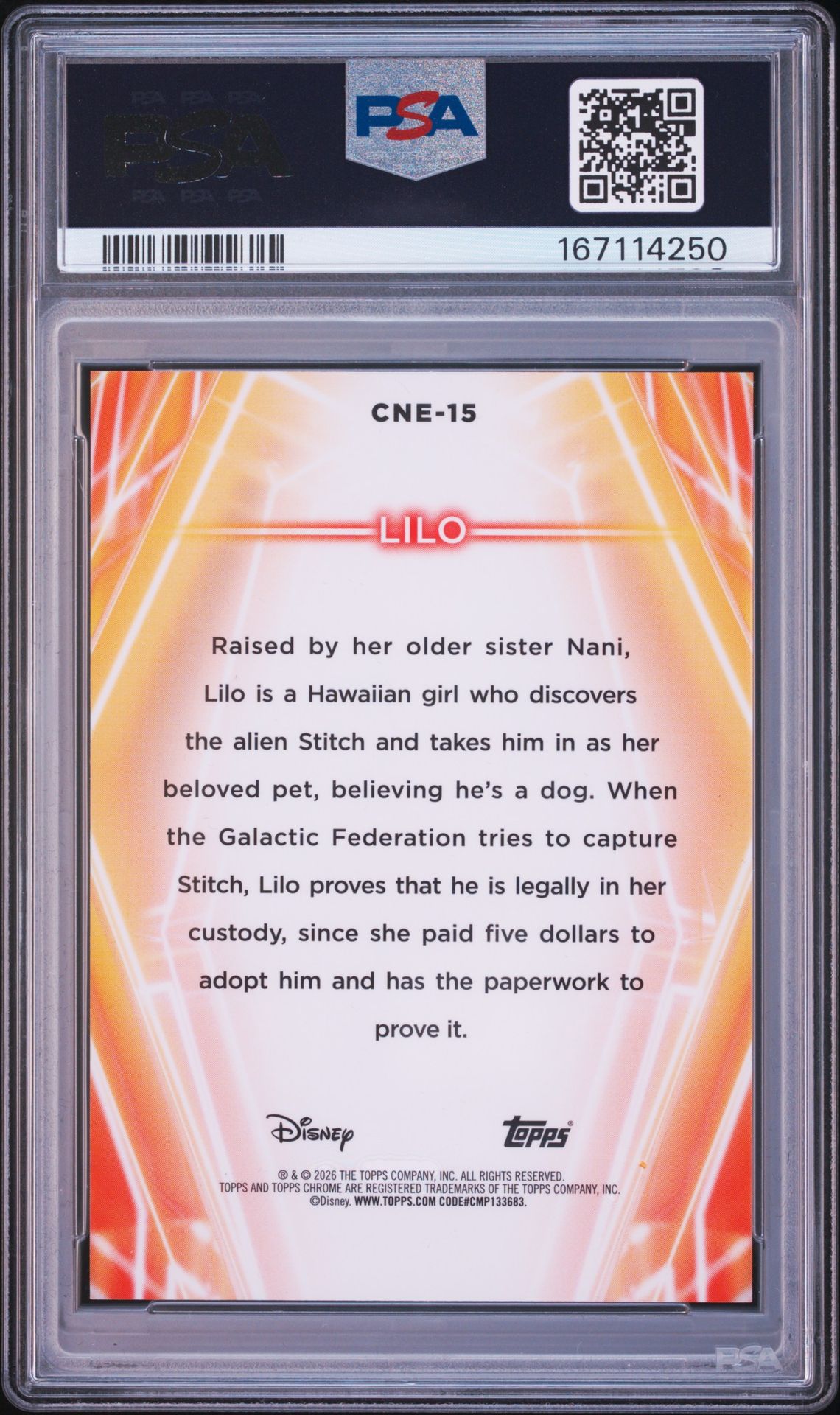 2026 Topps Disney Neon Chrome Neon Etch Lilo #Cne-15 (Chr Neon Etch-Gold Shimmer) Gem Mt 10 back