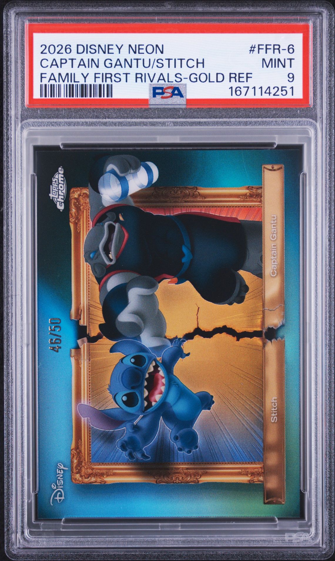 2026 Topps Disney Neon Family First Rivals Captain Gantu/Stitch #Ffr-6 (Family First Rivals-Gold Ref) Mint 9 front
