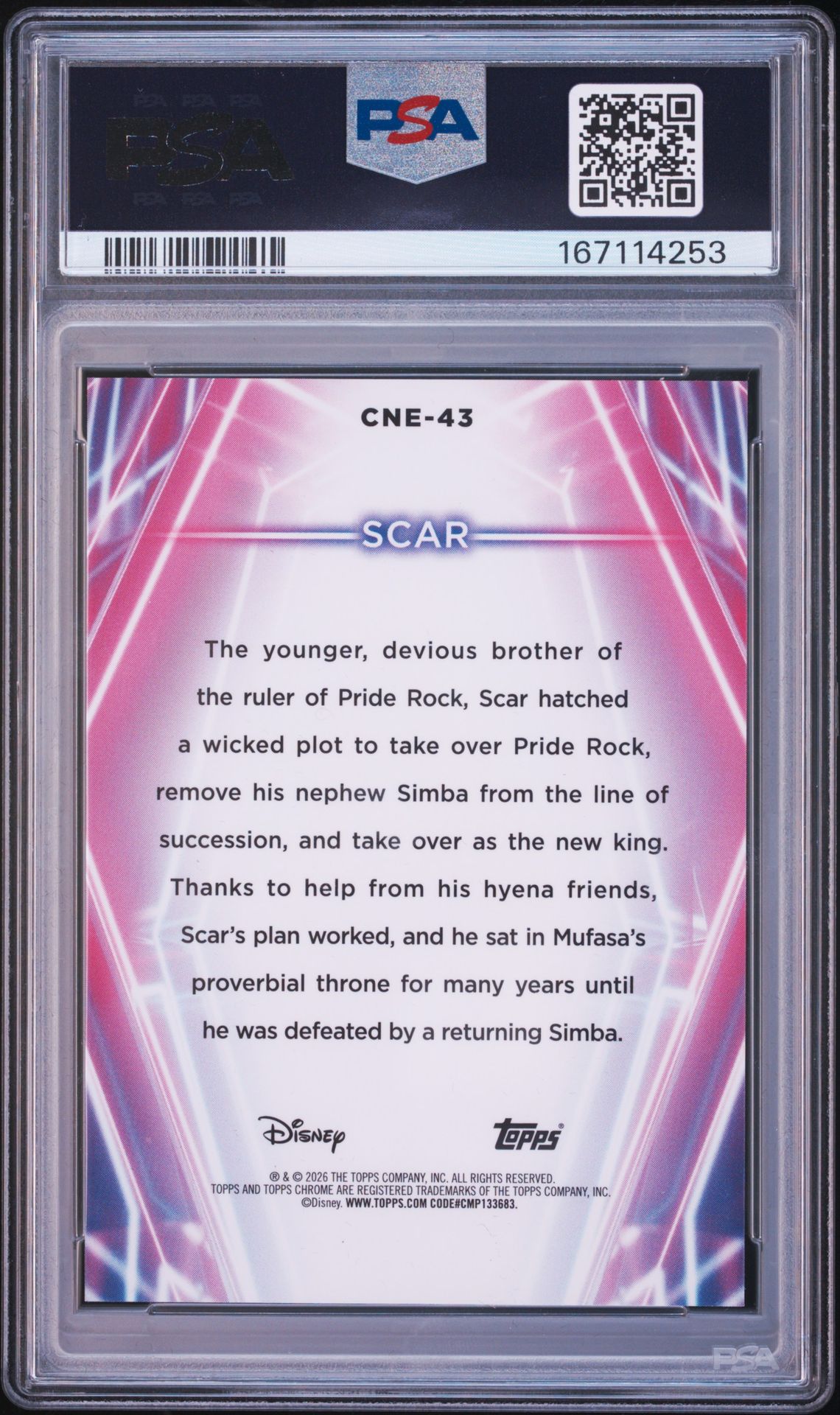 2026 Topps Disney Neon Chrome Neon Etch Scar #Cne-43 (Chr Neon Etch-Blk Speckle) Gem Mt 10 back view - PSA certificate #167114253