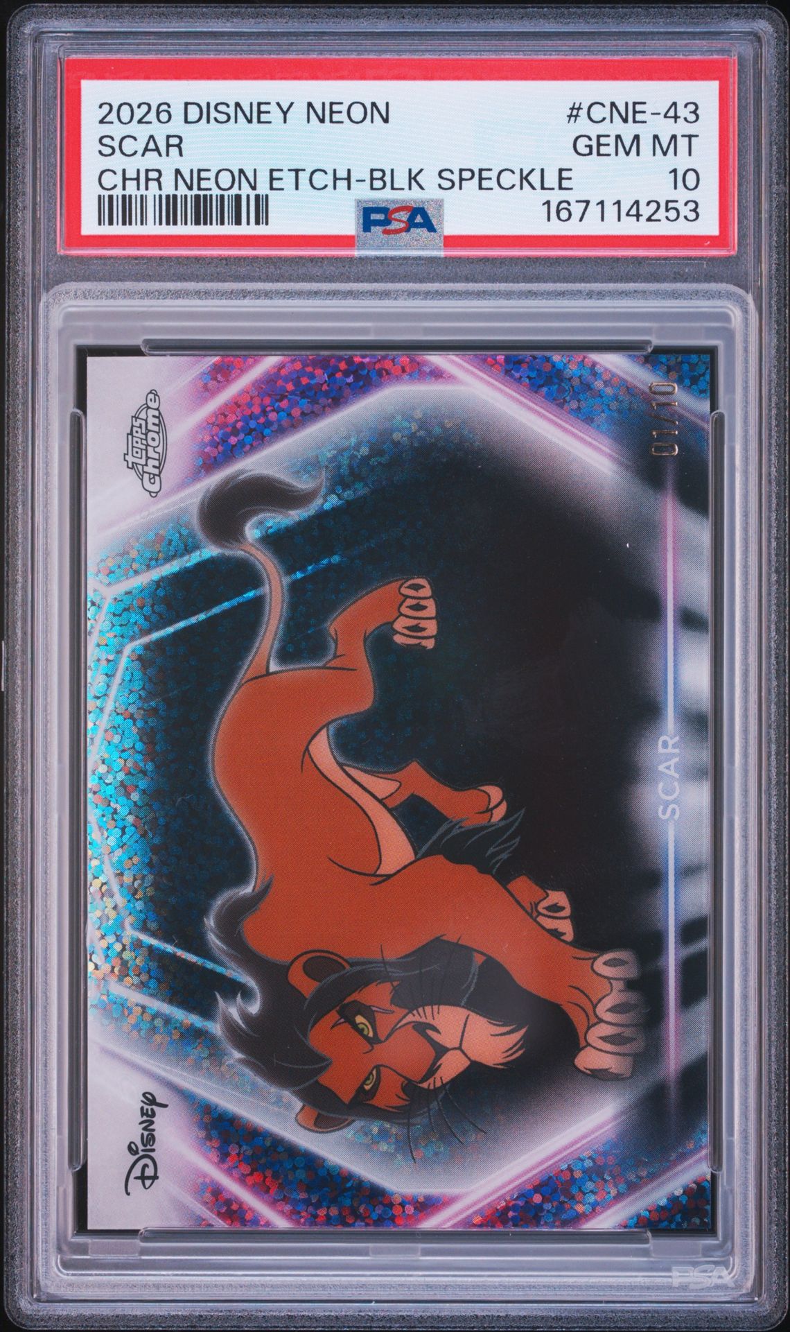 2026 Topps Disney Neon Chrome Neon Etch Scar #Cne-43 (Chr Neon Etch-Blk Speckle) Gem Mt 10 front view - PSA graded GEM MT 10