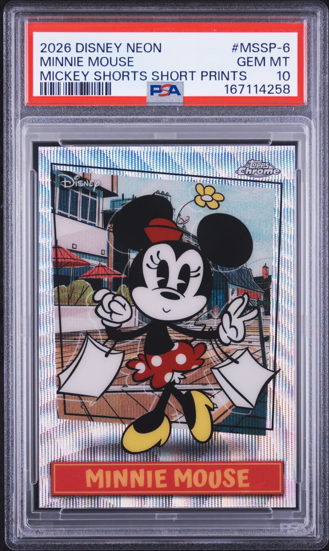 2026 Topps Disney Neon Mickey Shorts Short Prints Minnie Mouse #Mssp-6 Gem Mt 10 front view - PSA graded GEM MT 10