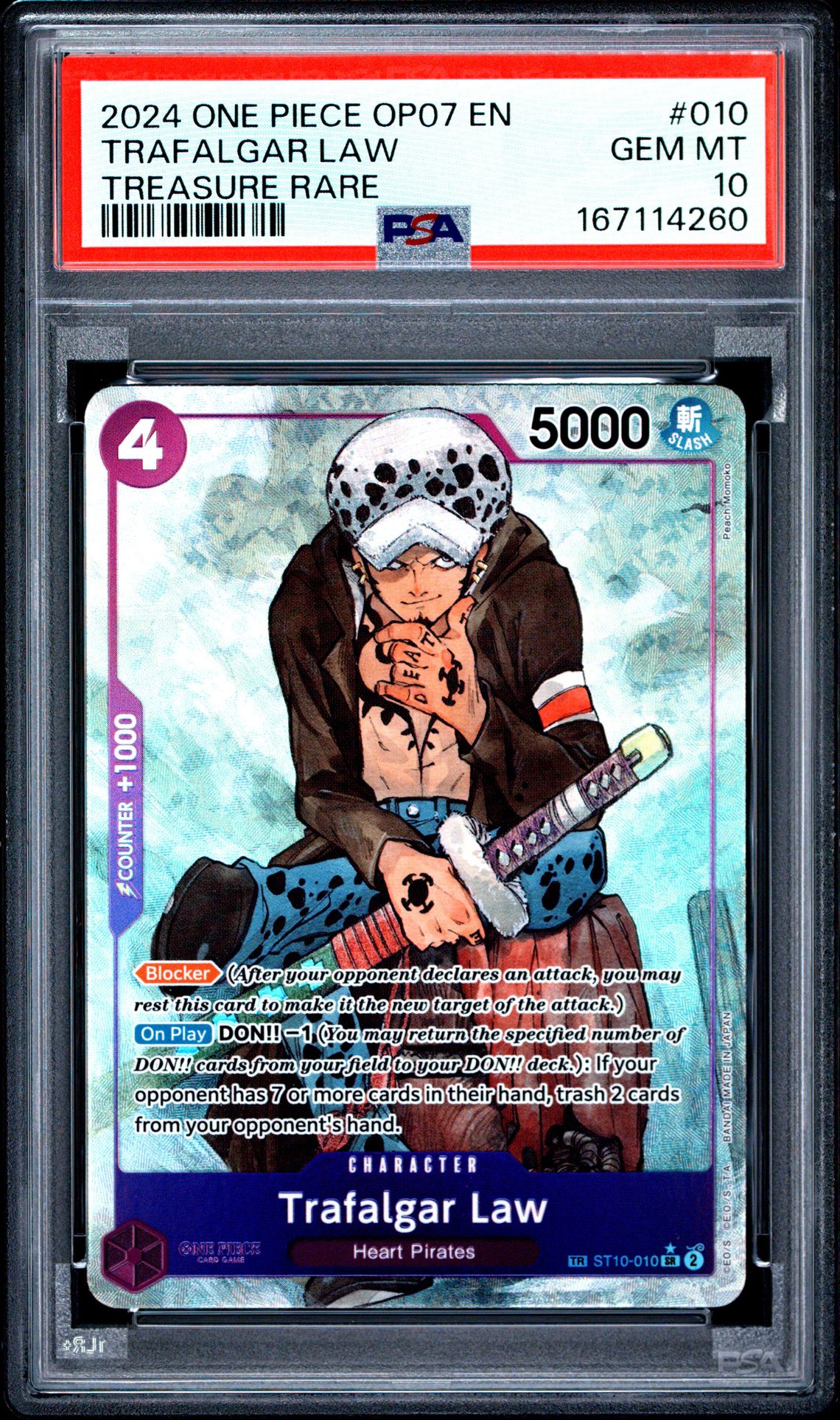 2024 One Piece Op07-500 Years In The Future Trafalgar Law #010 (Treasure Rare) Gem Mt 10 front view - PSA graded GEM MT 10
