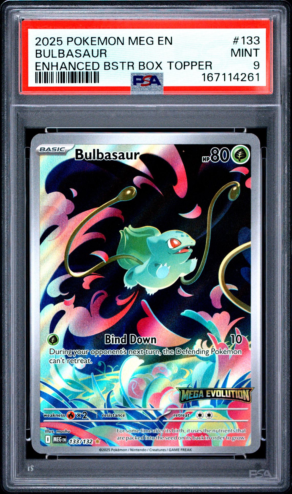 2025 Pokemon Meg En-Mega Evolution Bulbasaur #133 (Enhanced Bstr Box Topper) Mint 9 front