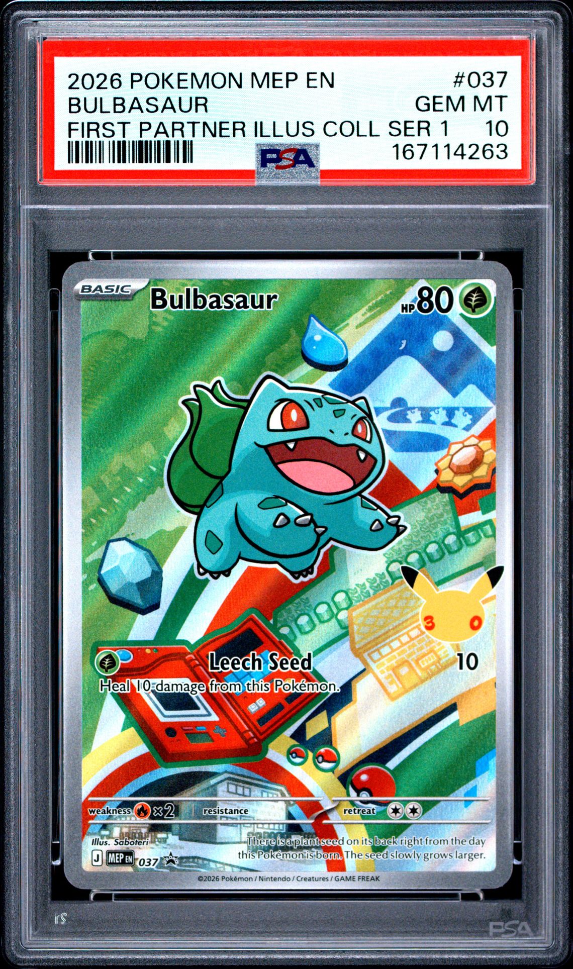 2026 Pokemon Mep En-Me Black Star Promo Bulbasaur #037 (First Partner Illus Coll Ser 1) Gem Mt 10 front view - PSA graded GEM MT 10