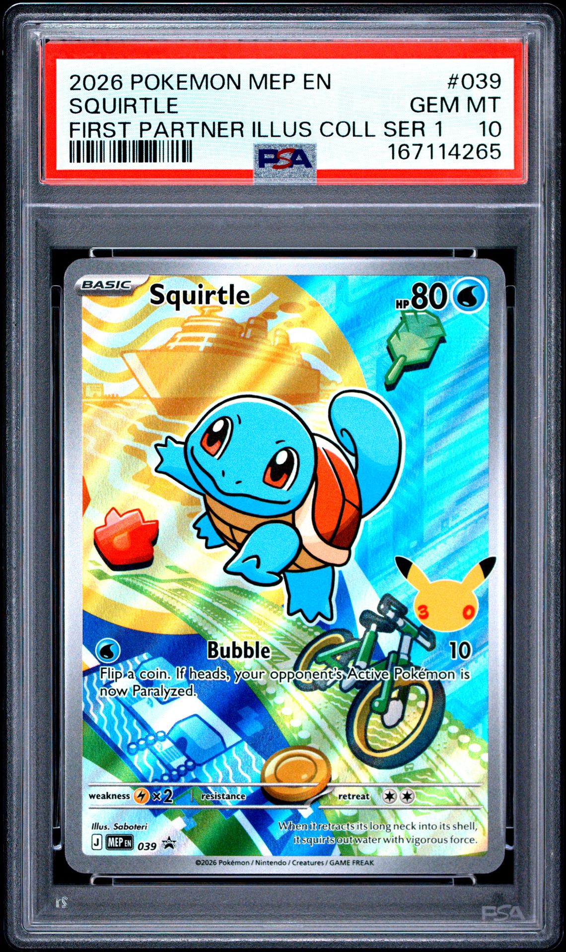 2026 Pokemon Mep En-Me Black Star Promo Squirtle #039 (First Partner Illus Coll Ser 1) Gem Mt 10 front view - PSA graded GEM MT 10
