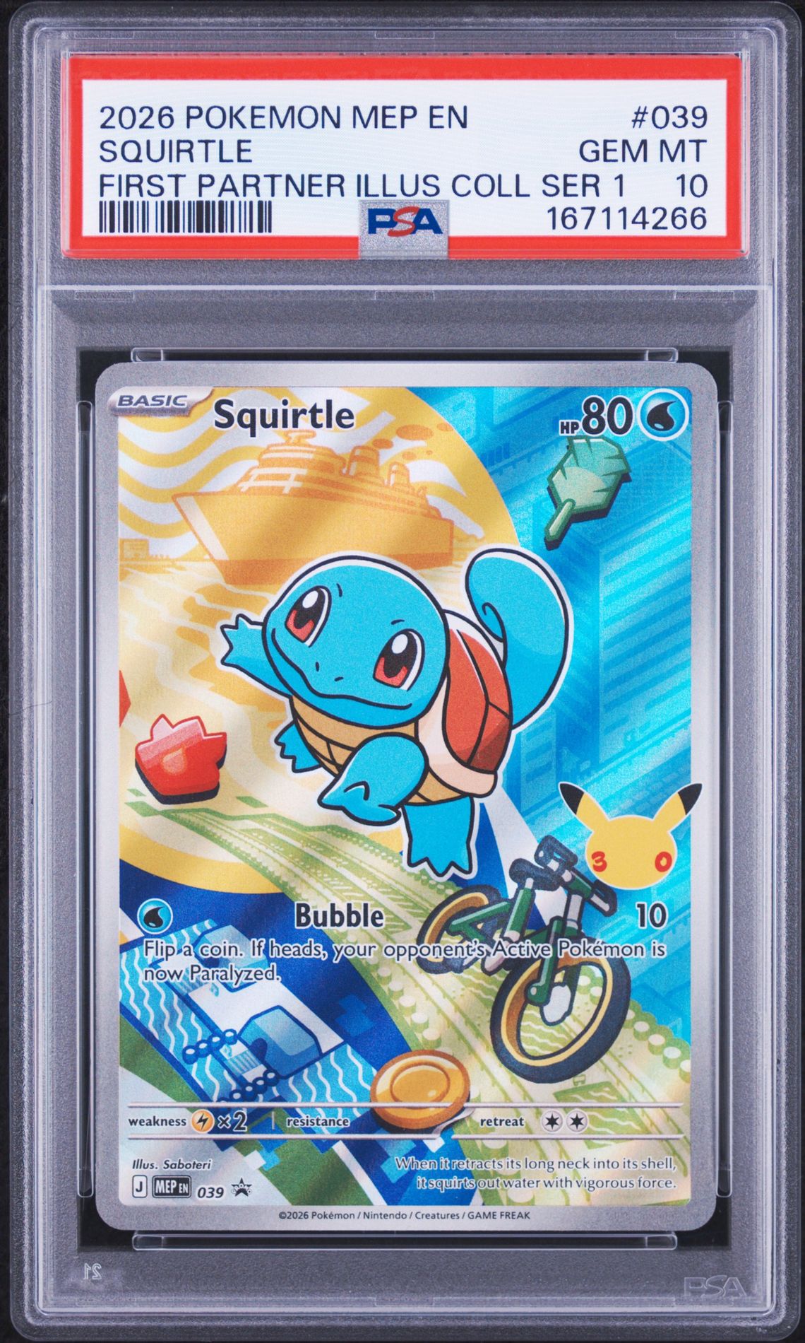 2026 Pokemon Mep En-Me Black Star Promo Squirtle #039 (First Partner Illus Coll Ser 1) Gem Mt 10 front view - PSA graded GEM MT 10