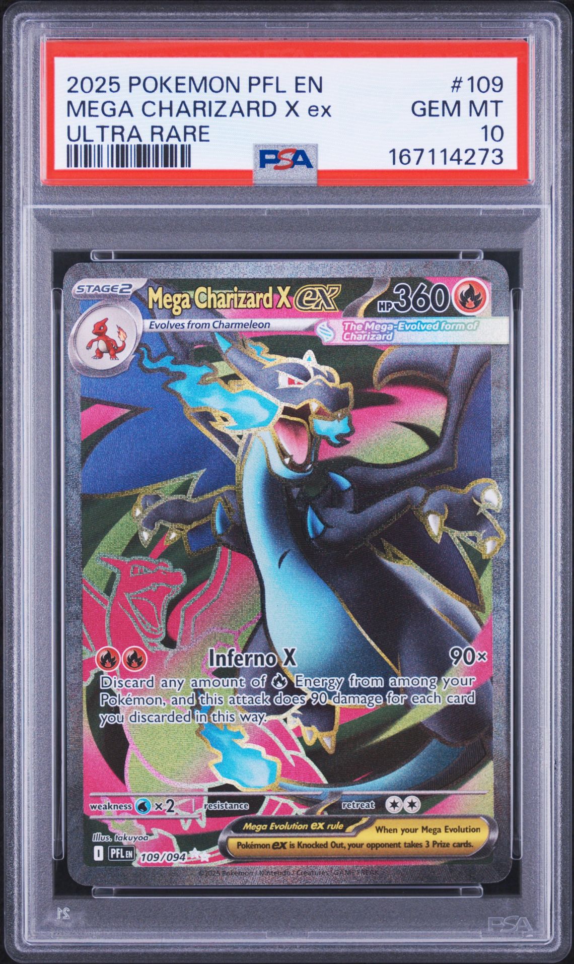 2025 Pokemon Pfl En-Phantasmal Flames Mega Charizard X Ex #109 (Ultra Rare) Gem Mt 10 front view - PSA graded GEM MT 10