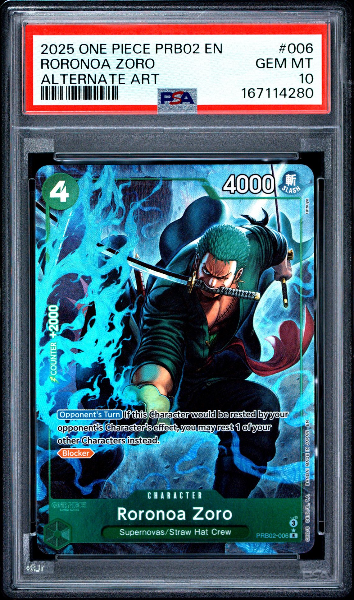 2025 One Piece Prb02-Premium Booster -One Piece Card The Best- Vol.2 Roronoa Zoro #006 (Alternate Art) Gem Mt 10 front view - PSA graded GEM MT 10