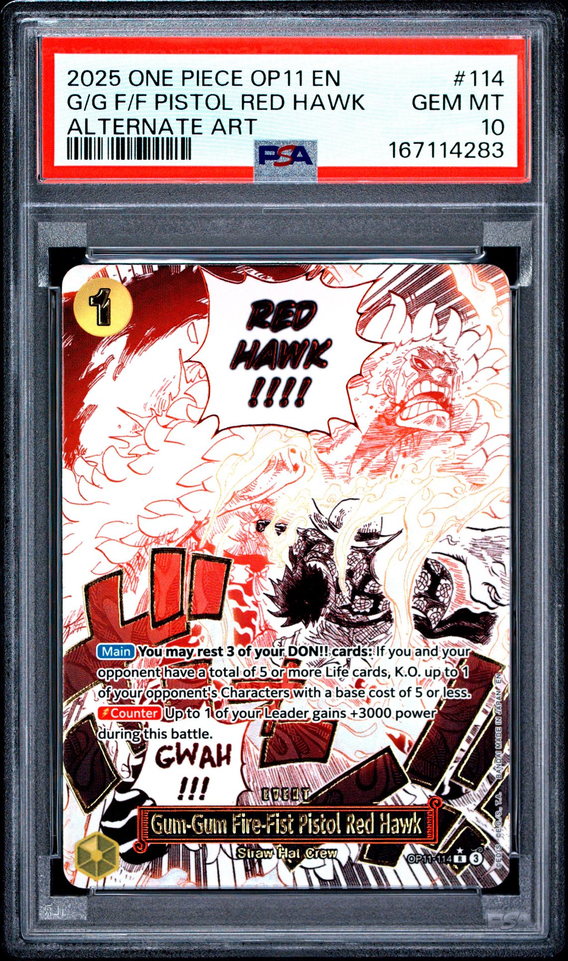 2025 One Piece Op11-A Fist Of Divine Speed G/G F/F Pistol Red Hawk #114 (Alternate Art) Gem Mt 10 front view - PSA graded GEM MT 10