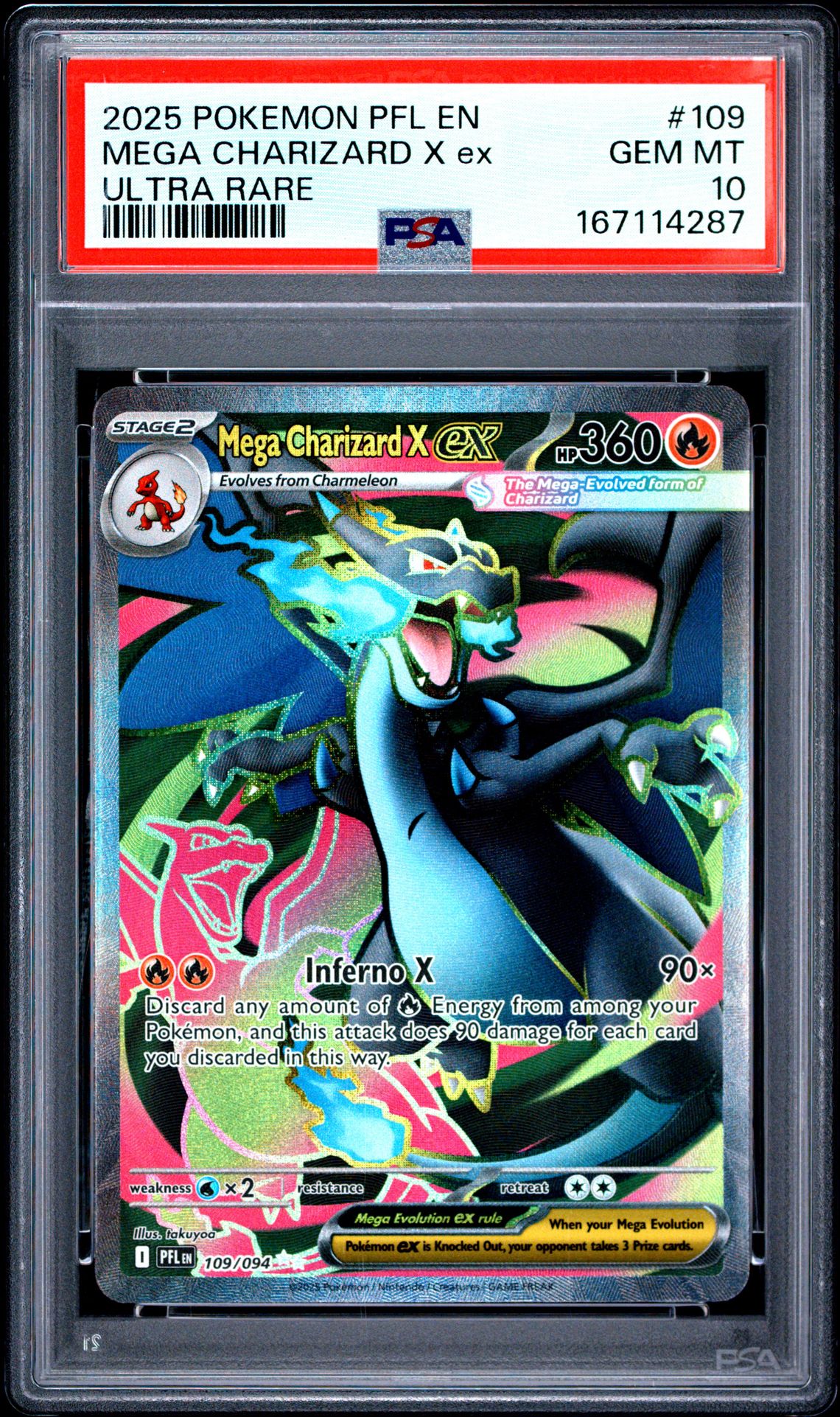 2025 Pokemon Pfl En-Phantasmal Flames Mega Charizard X Ex #109 (Ultra Rare) Gem Mt 10 front view - PSA graded GEM MT 10
