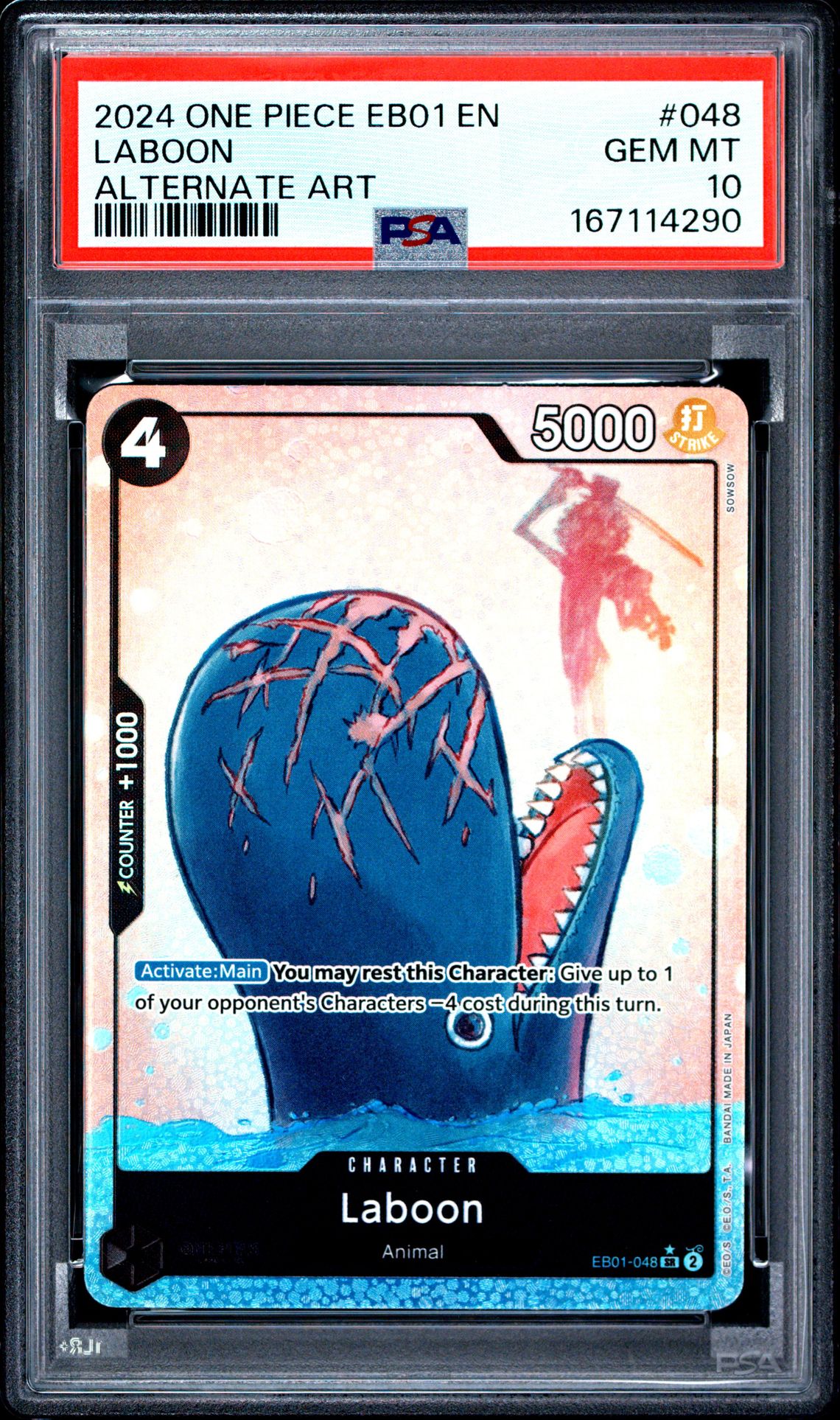 2024 One Piece Eb01-Extra Booster -Memorial Collection- Laboon #048 (Alternate Art) Gem Mt 10 front view - PSA graded GEM MT 10
