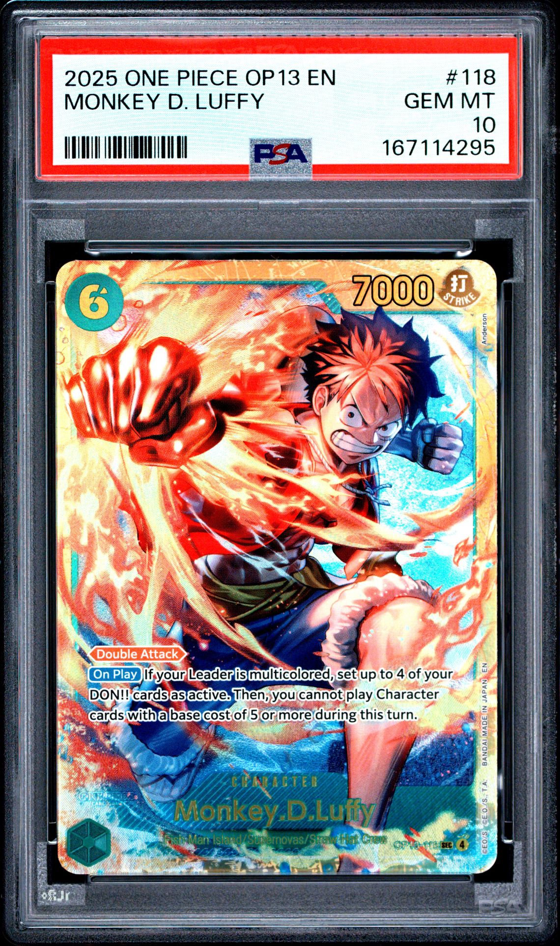 2025 One Piece Op13-Carrying On His Will Monkey D. Luffy #118 Gem Mt 10 front view - PSA graded GEM MT 10