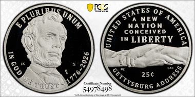 2026-S 25C Gettysburg Address Ag First Strike PR69DCAM