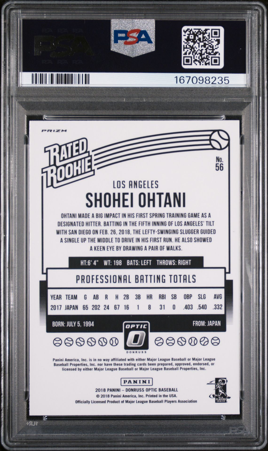 2018 Panini Donruss Optic Shohei Ohtani #56 (Purple) Mint 9 back