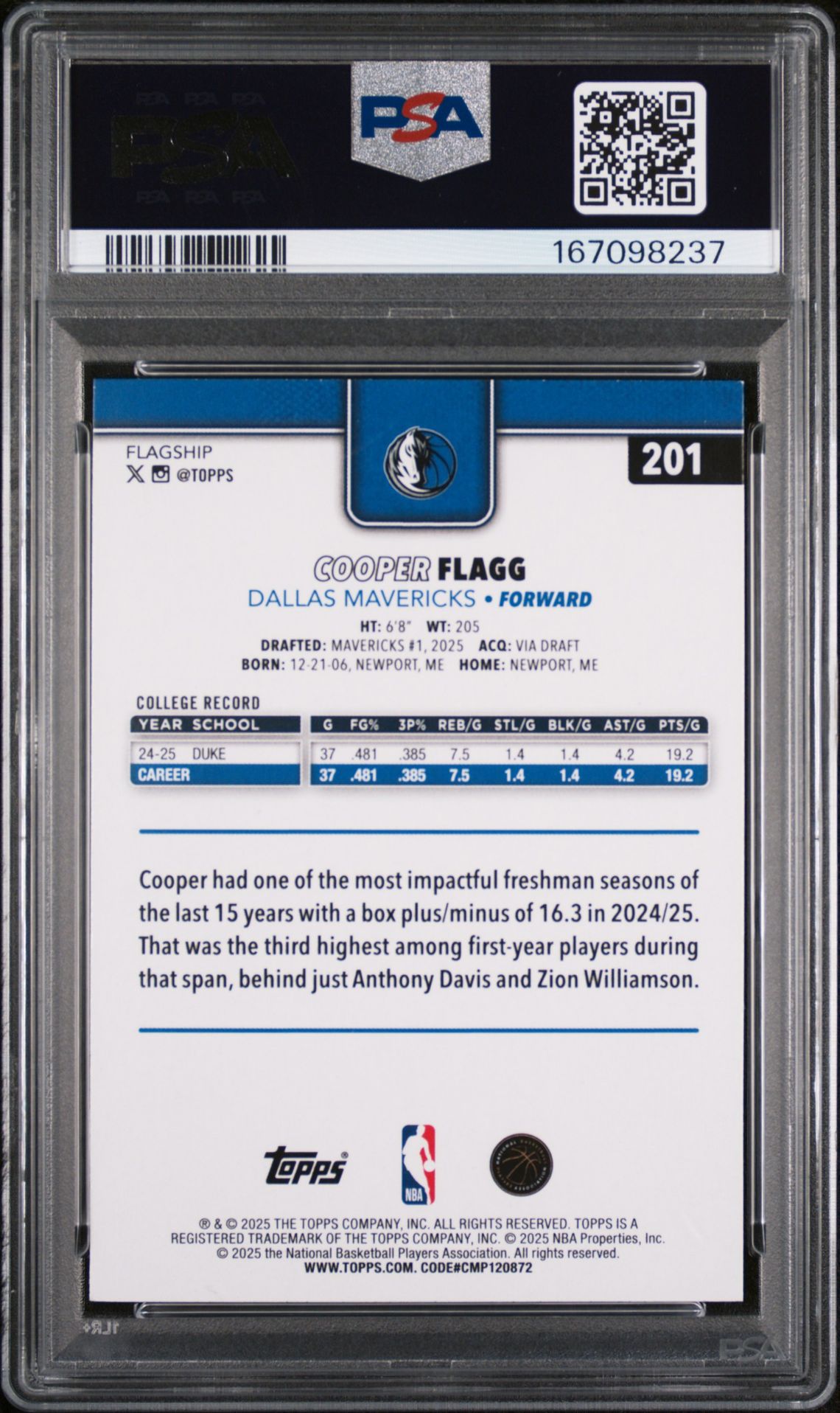 2025 Topps Cooper Flagg #201 (Rainbow Foilboard) Mint 9 back