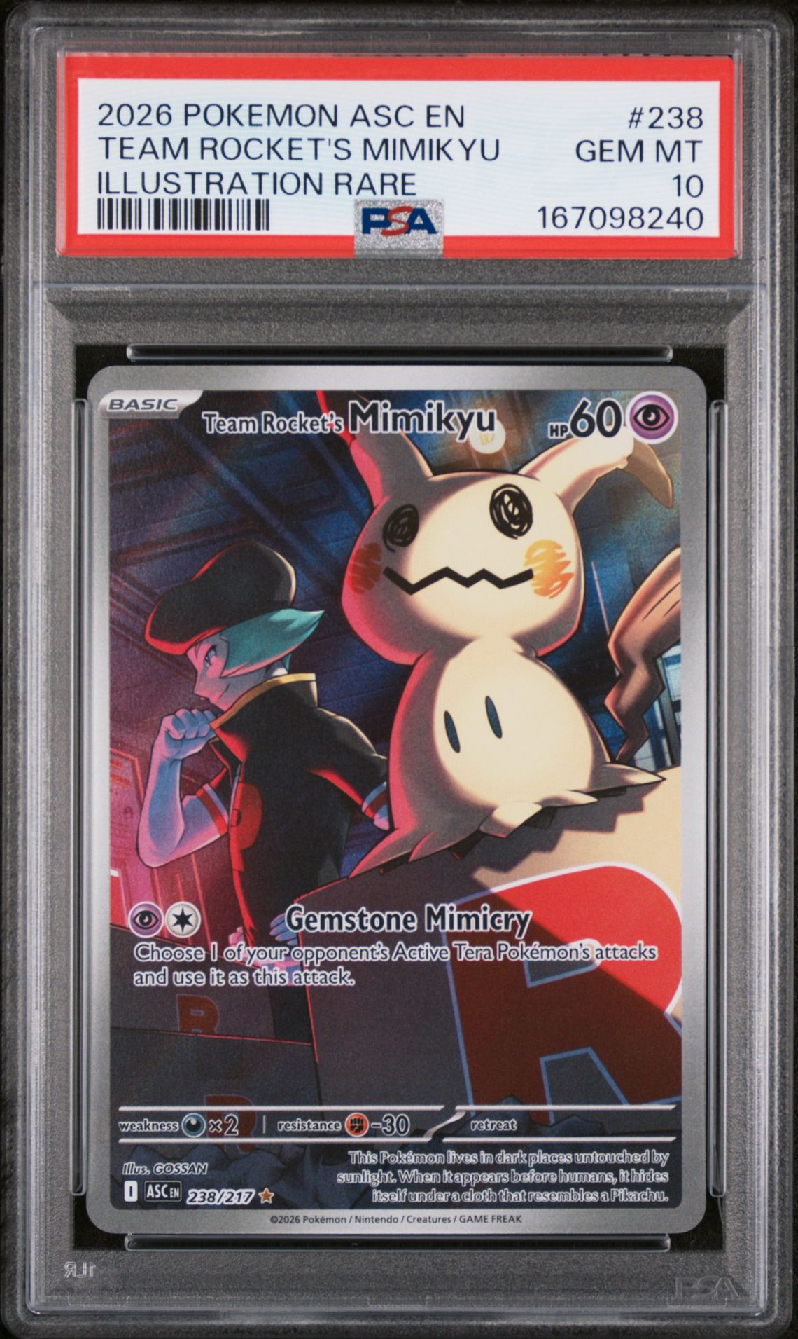 2026 Pokemon Asc En-Ascended Heroes Team Rocket's Mimikyu #238 (Illustration Rare) Gem Mt 10 front view - PSA graded GEM MT 10