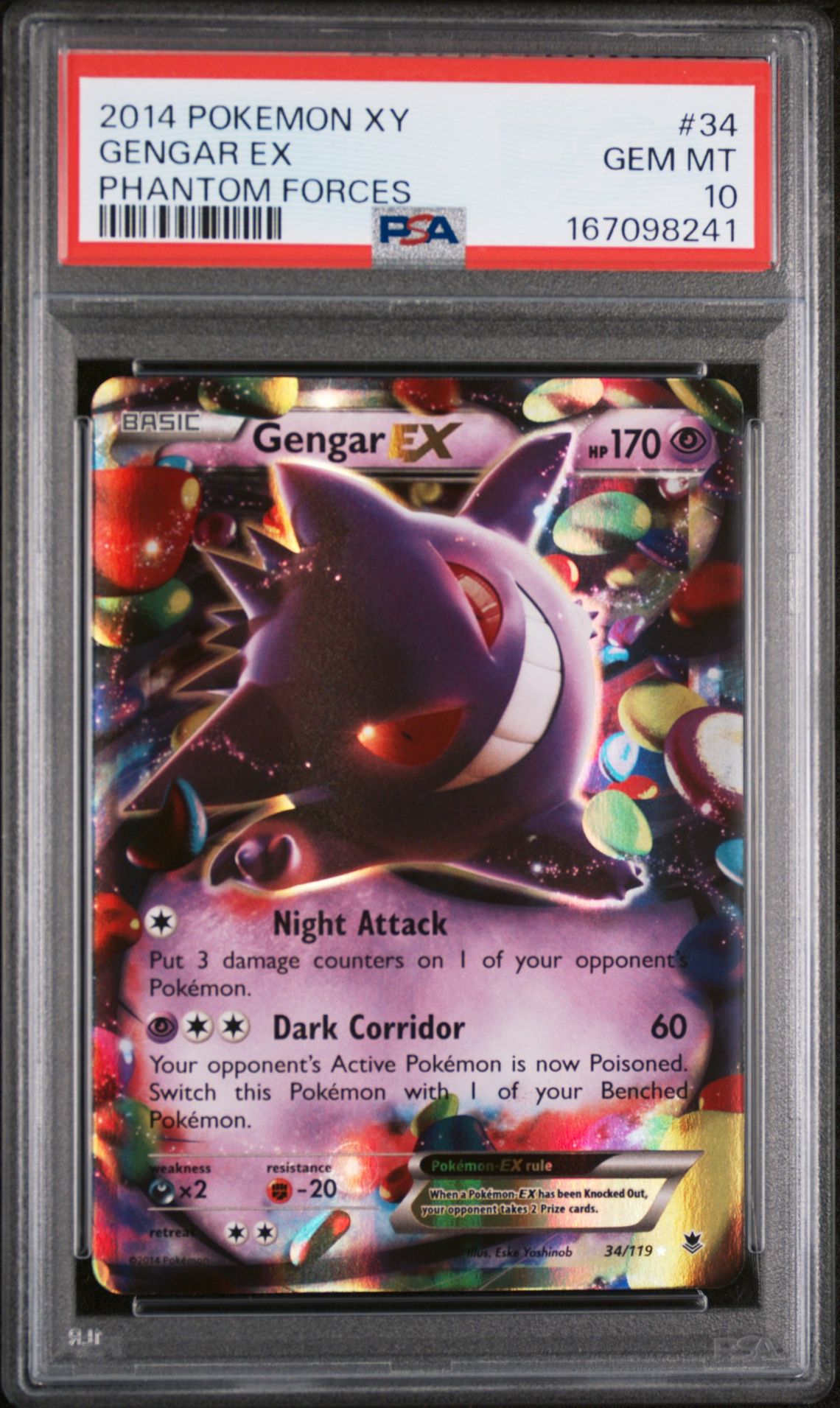2014 Pokemon Xy Phantom Forces Gengar Ex #34 (Phantom Forces) Gem Mt 10 front view - PSA graded GEM MT 10
