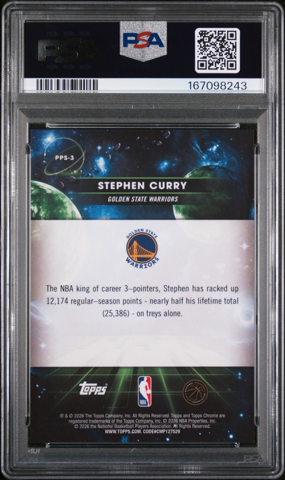 2025 Topps Cosmic Chrome Planetary Pursuit Stephen Curry #3 (Planetary Pursuit-Sun) Gem Mt 10 back view - PSA certificate #167098243