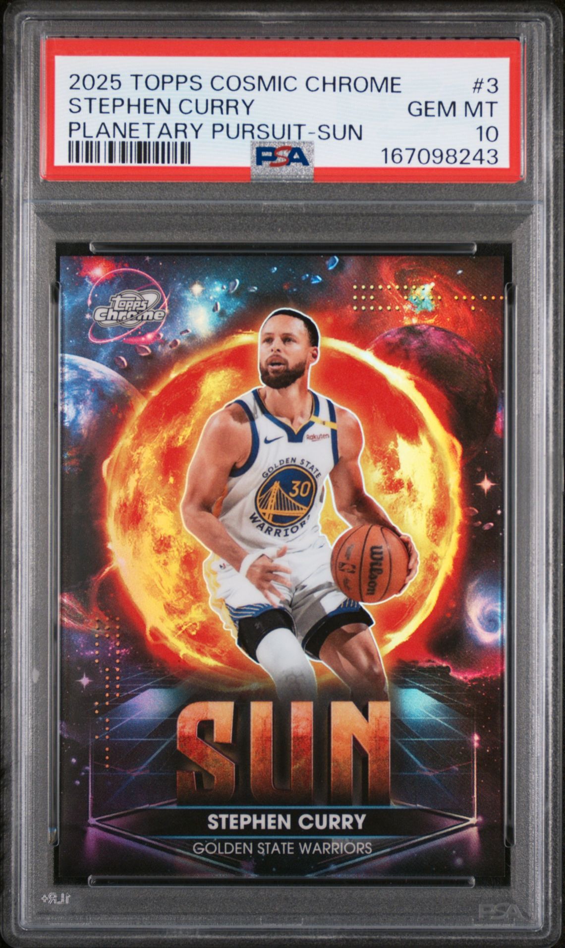 2025 Topps Cosmic Chrome Planetary Pursuit Stephen Curry #3 (Planetary Pursuit-Sun) Gem Mt 10 front view - PSA graded GEM MT 10
