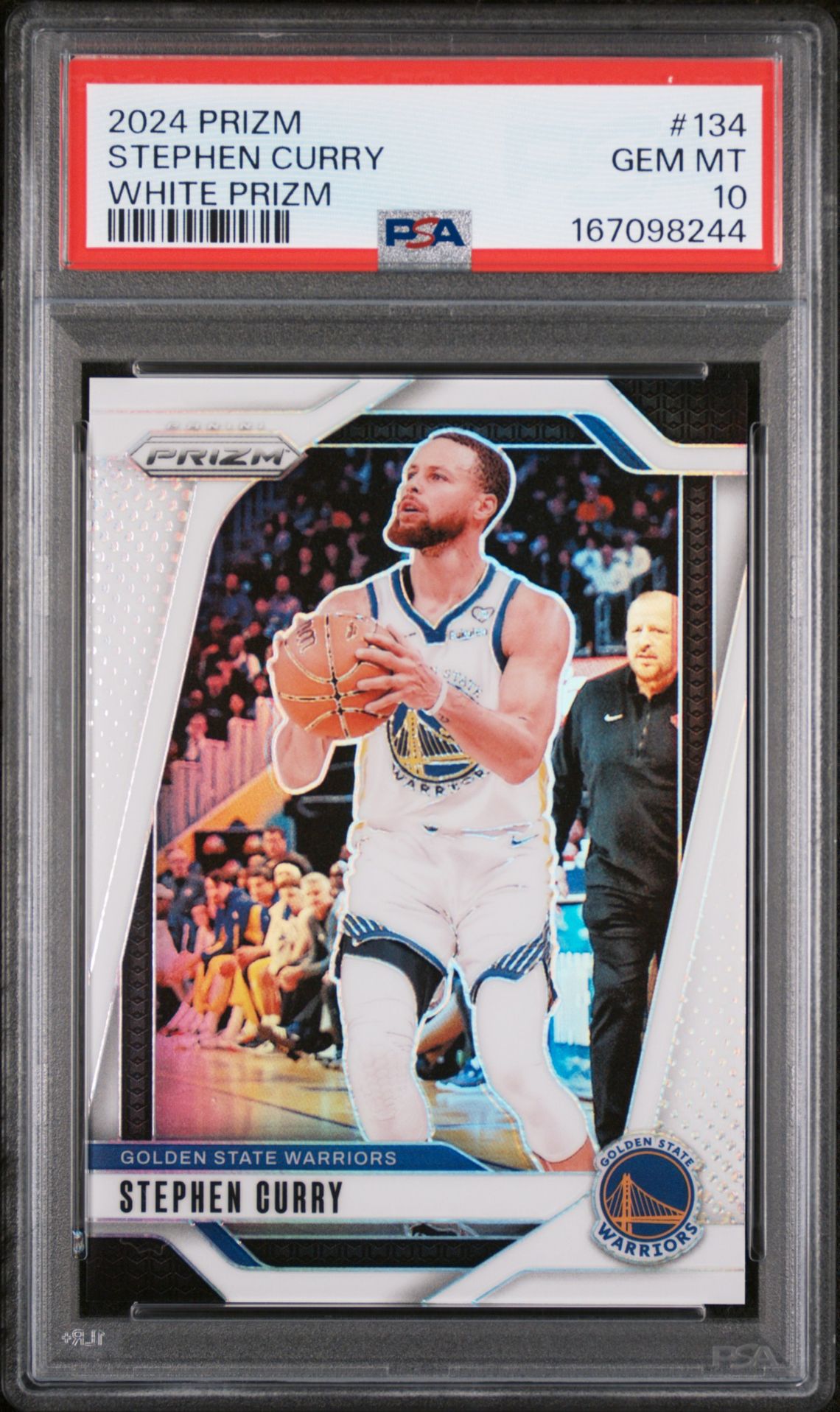 2024 Panini Prizm Stephen Curry #134 (White Prizm) Gem Mt 10 front view - PSA graded GEM MT 10