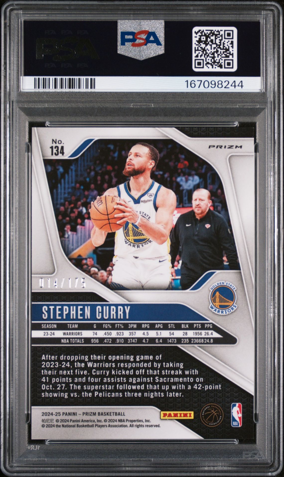 2024 Panini Prizm Stephen Curry #134 (White Prizm) Gem Mt 10 back view - PSA certificate #167098244