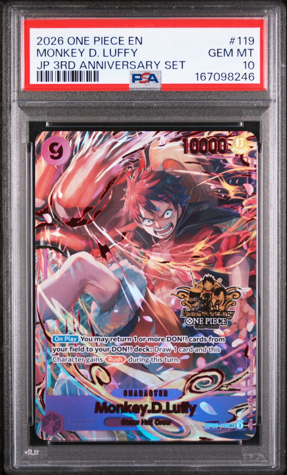2026 One Piece Japanese 3Rd Anniversary Set Monkey D. Luffy #119 Gem Mt 10 front view - PSA graded GEM MT 10